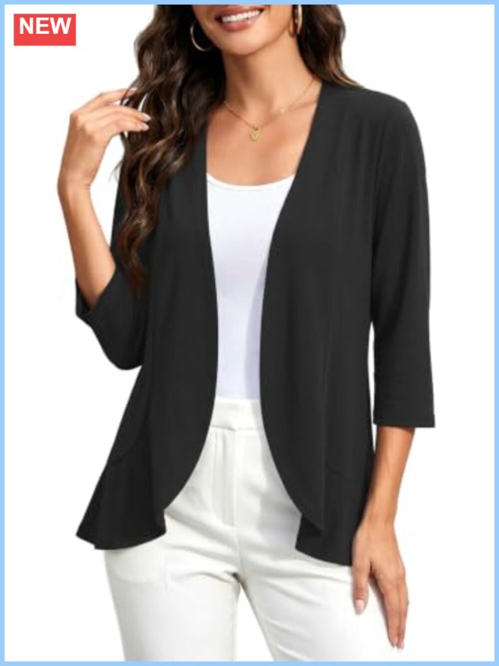 Women's 3/4 Sleeve Ruffle Open Front Lightweight Cardigan